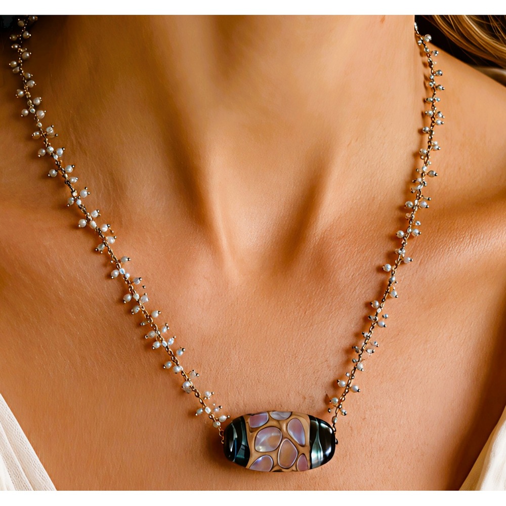 Murano Style Lampwork Glass Pendant Necklace Gemstone Beaded Chain Statement